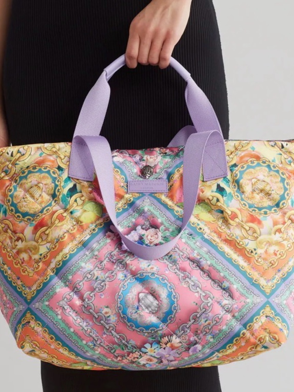 Lavender-Handle Floral Scarf-Print Tote Bag